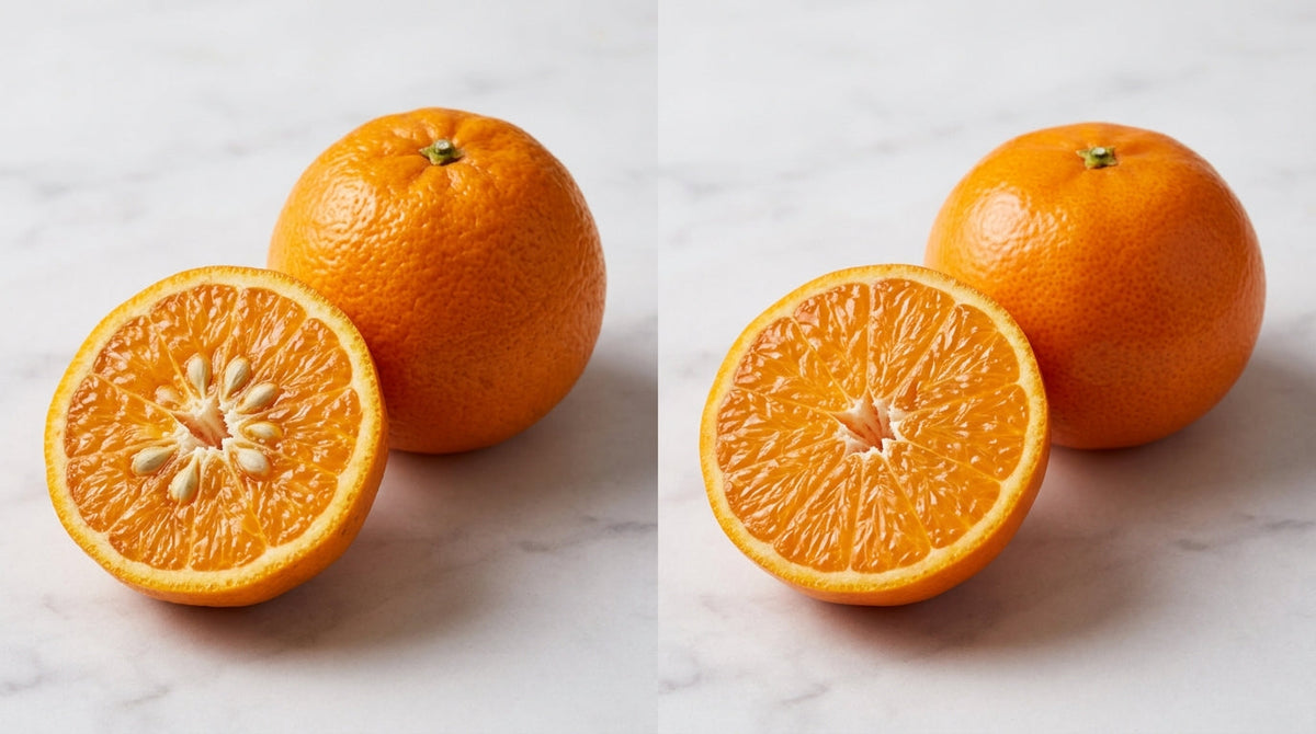 Side by side comparison of fresh Kinnow and Fruiter mandarin fruits