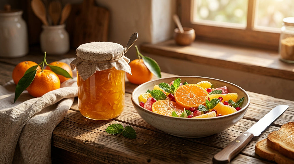 Homemade fresh Kinnow marmalade and salad prepared with Sargodha citrus