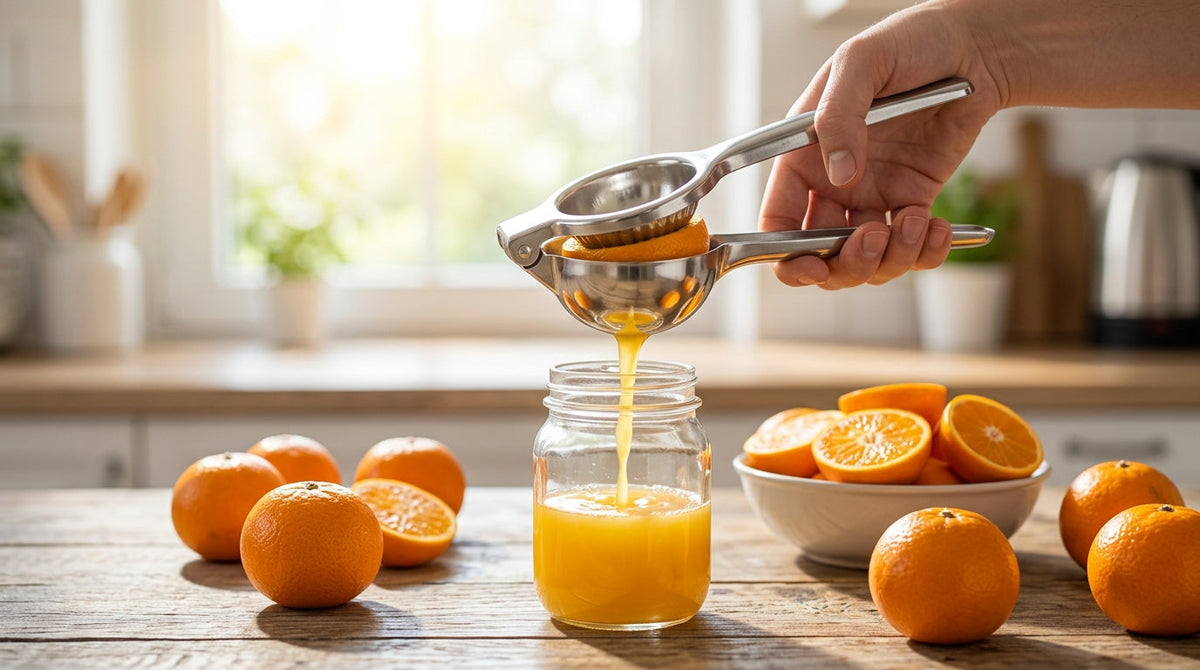 Squeezing fresh sweet Kinnow juice in a clean kitchen glass