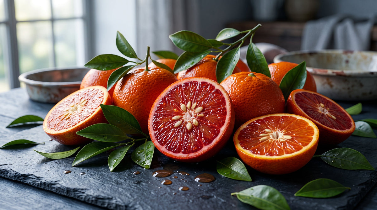 Pakistani sweet red blood oranges cut in half showing crimson red interior
